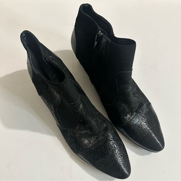 Un Tour En Ville Stylish Black Patent Metallic Leather Ankle Boots Sz 42 / US 11 - Picture 4 of 14